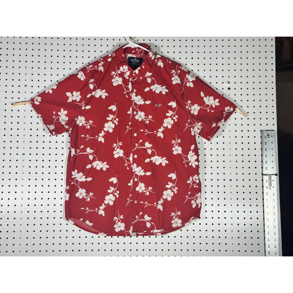 Hollister Mens XL Red Floral Epic Flex Stretch Short Sleeve Button Up Shirt